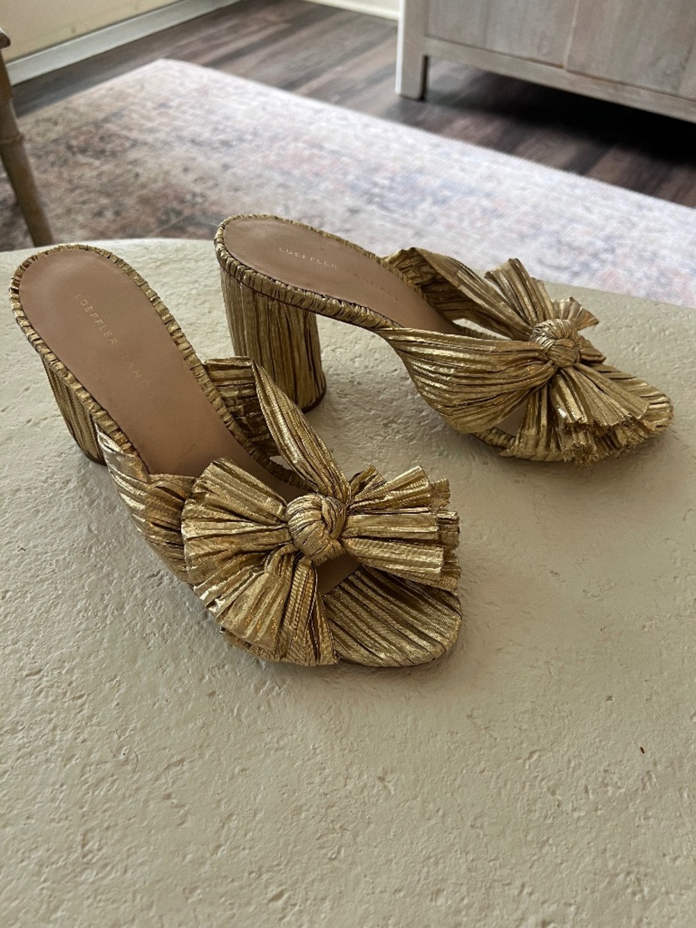 Loeffler Randall Penny Gold Pleated Bow Heel, Size 9.5, color Gold